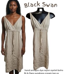 Black Swan hand antique dye rayon eyelet boho fit & flare sundress cream tan xs
